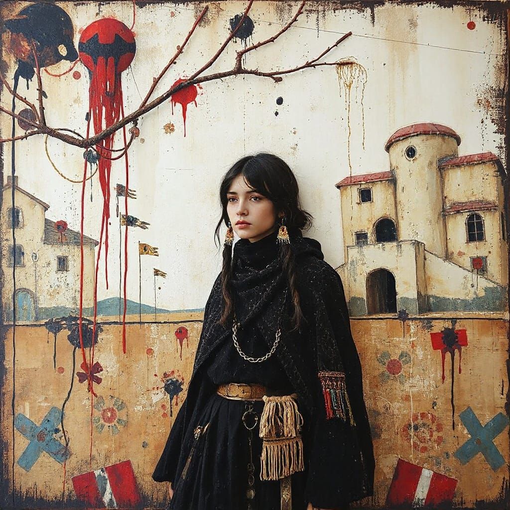 Surreal Sioux Girl in Encaustic Ink Expressionist Painting