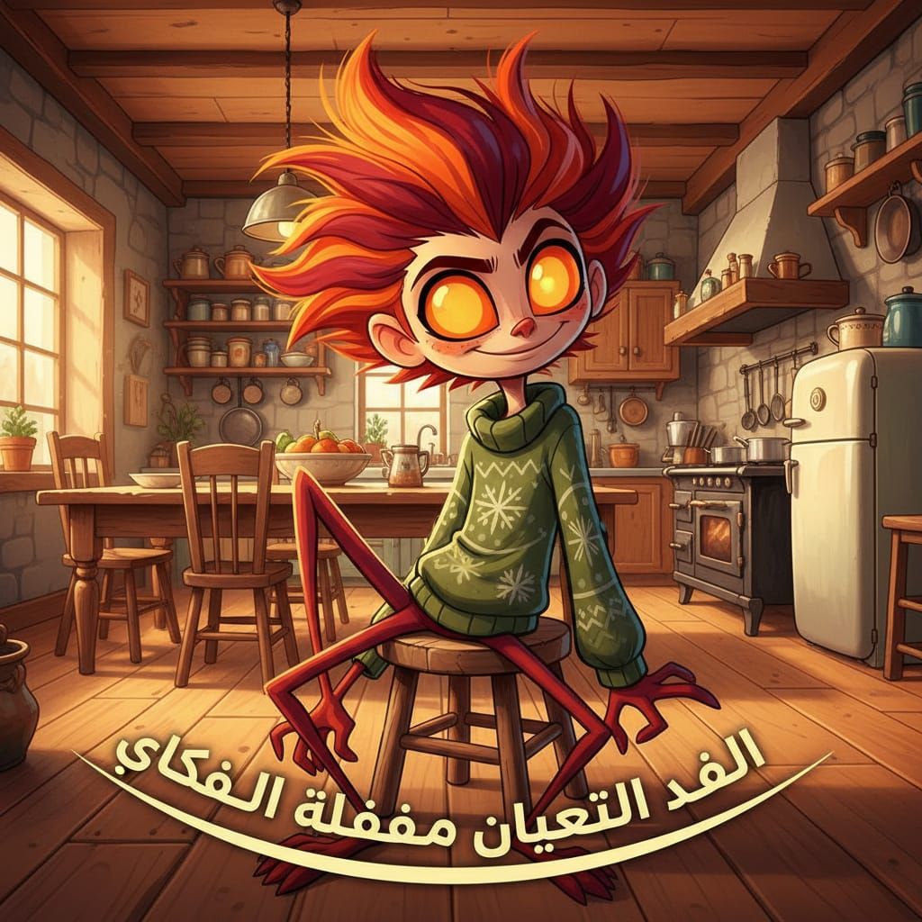 Cartoon Character with Spider Limbs in Cozy Kitchen