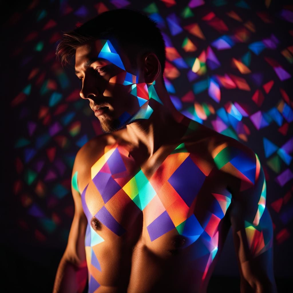 Geometric Light Patterns on Young Man