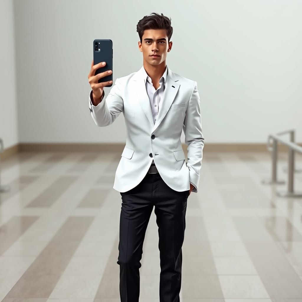 Hyperrealistic Selfie of a Brazilian Man in School Suit