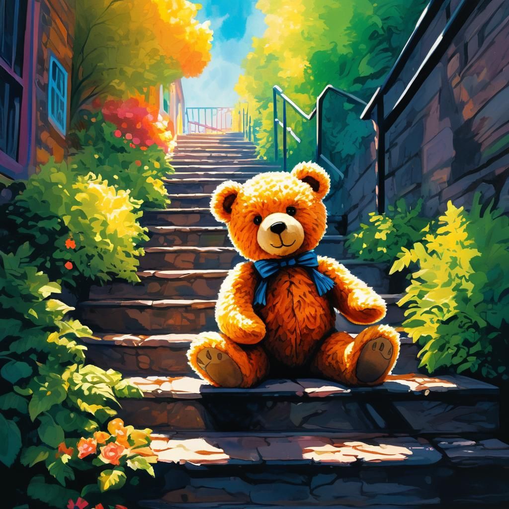 Teddy Bear Climbs Stairs in Vibrant Graffiti Art