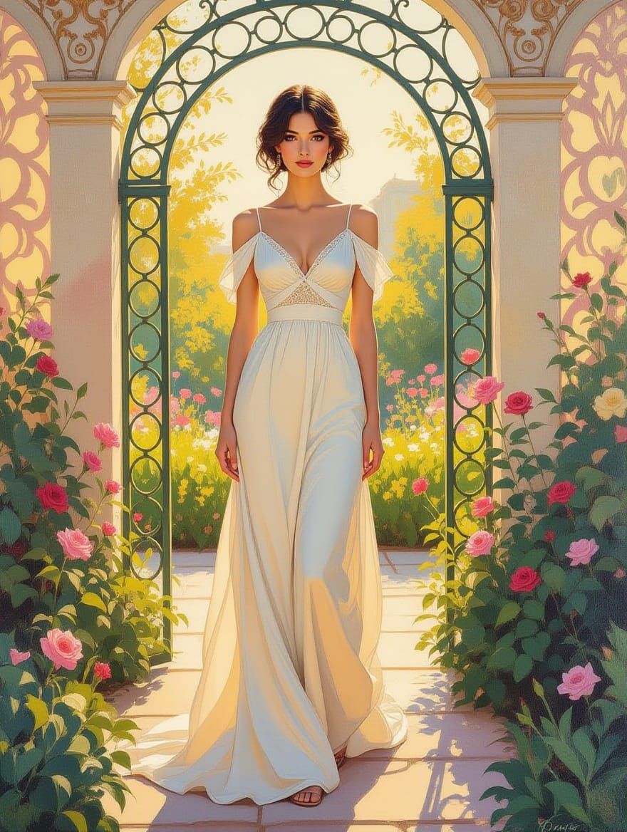Muse in Garden: Art Nouveau Oil Painting
