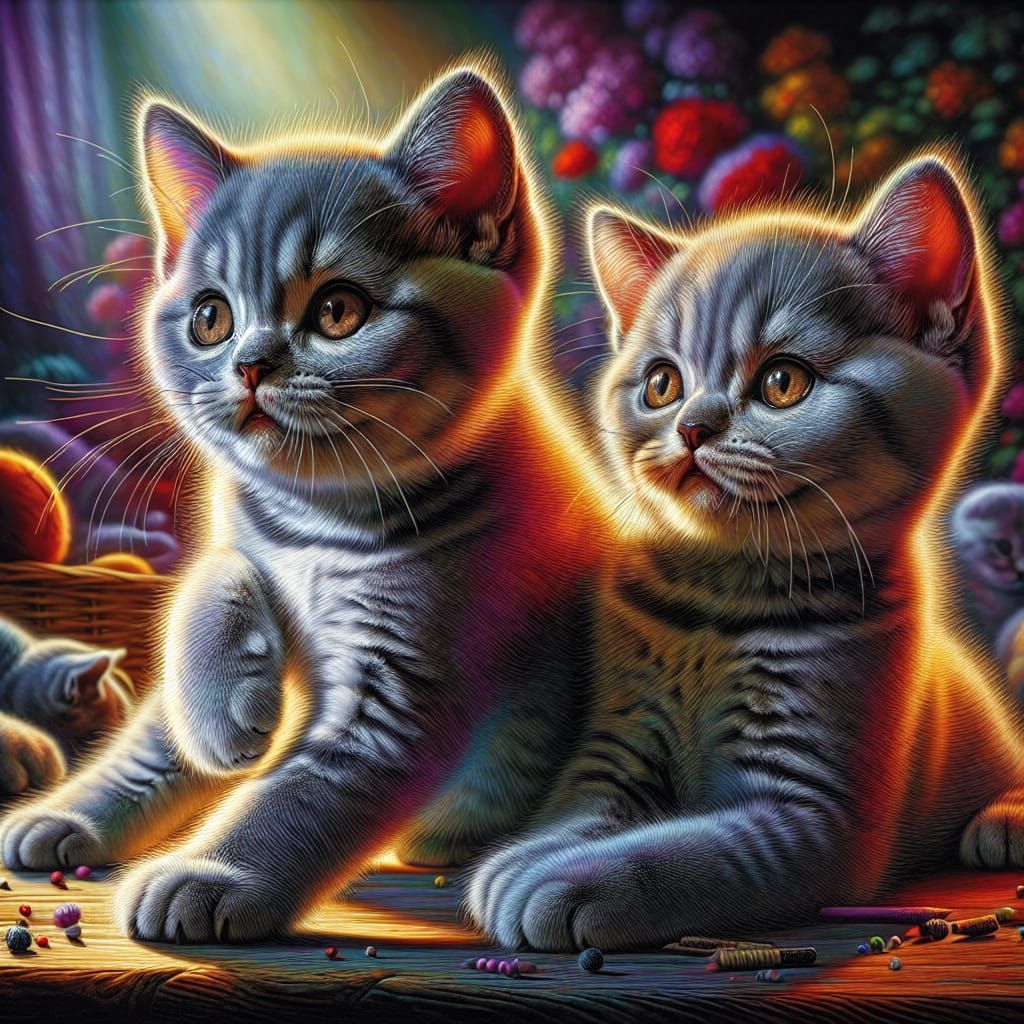 Two British Shorthair Kittens Play in Vibrant Setting