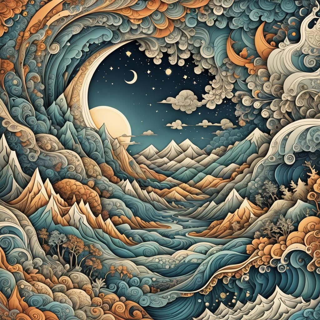 Abstract Fractal Landscape with Sun, Moon and Mountains