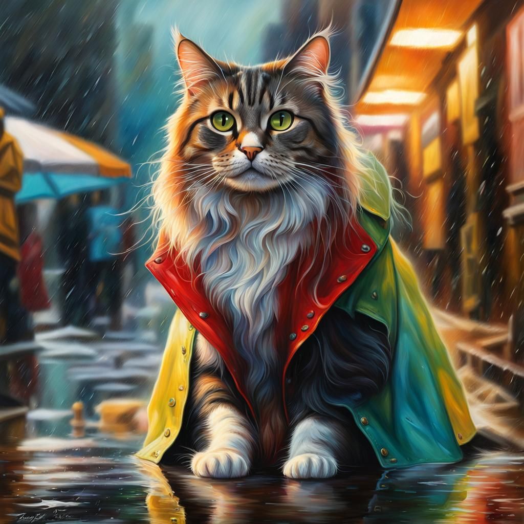 Cat Seeks Shelter from Monsoon Rain in Splash Art