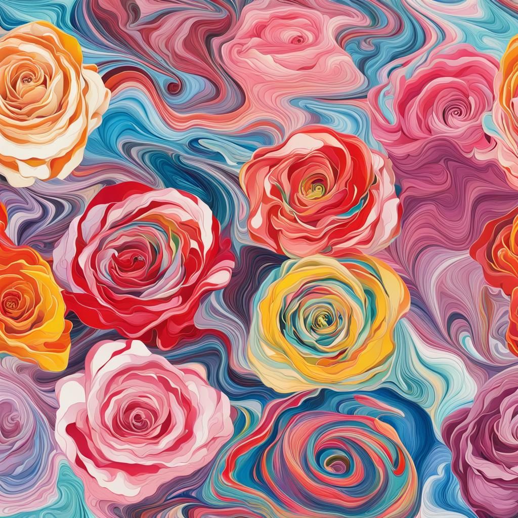 Anime Roses in Suminagashi Marbling Abstract