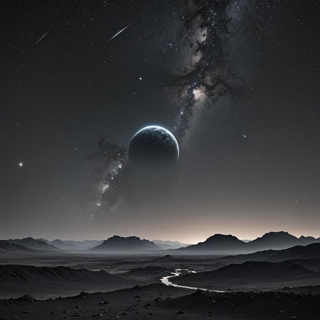 Bleak Alien Landscape with Earth in Sky