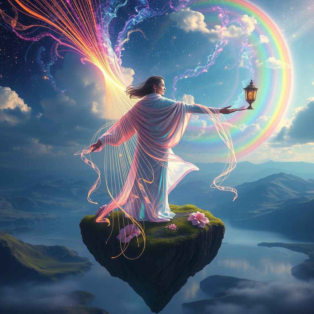 Serene Dreamweaver Surrounded by Shimmering Clouds and Rolli...