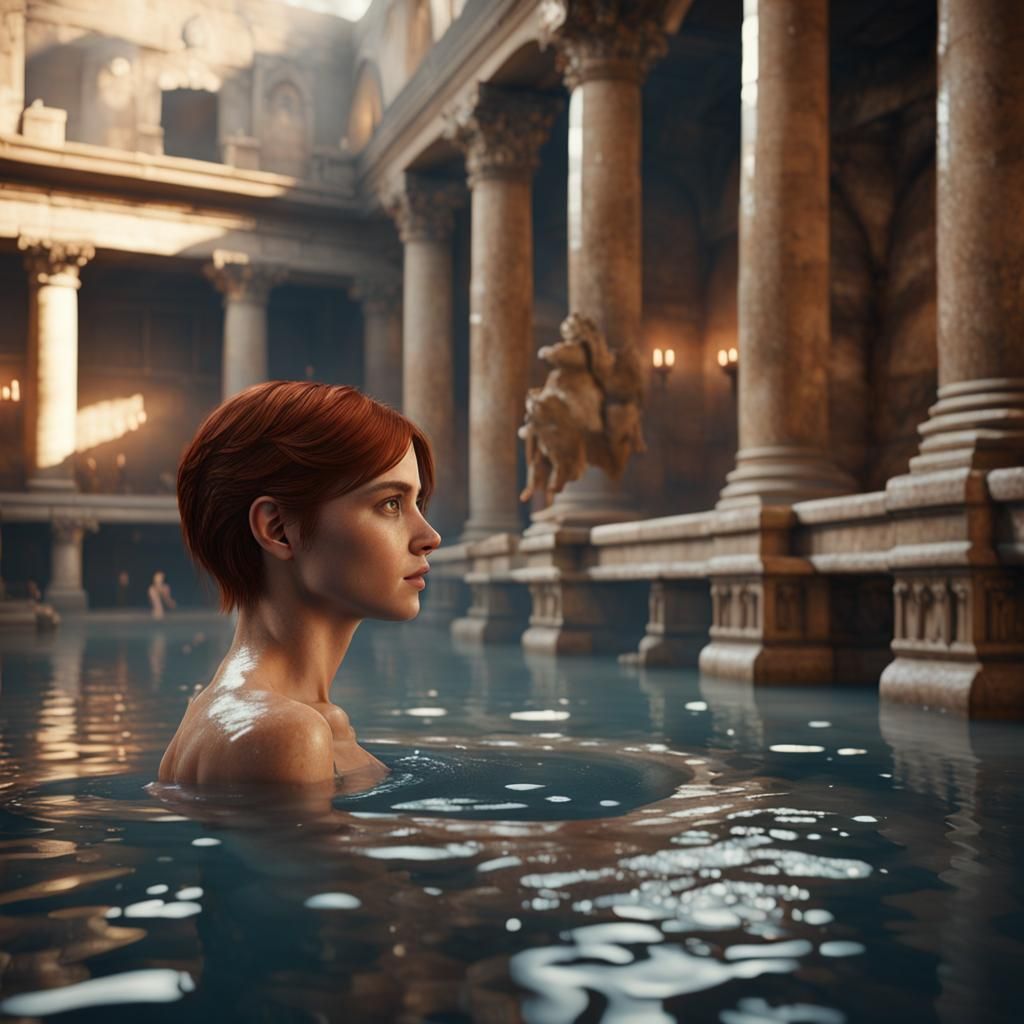 Young Woman Bathing in Roman Baths, 3D Render