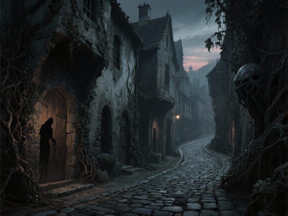 Eerie Medieval Street at Dusk in Dark Fantasy Style