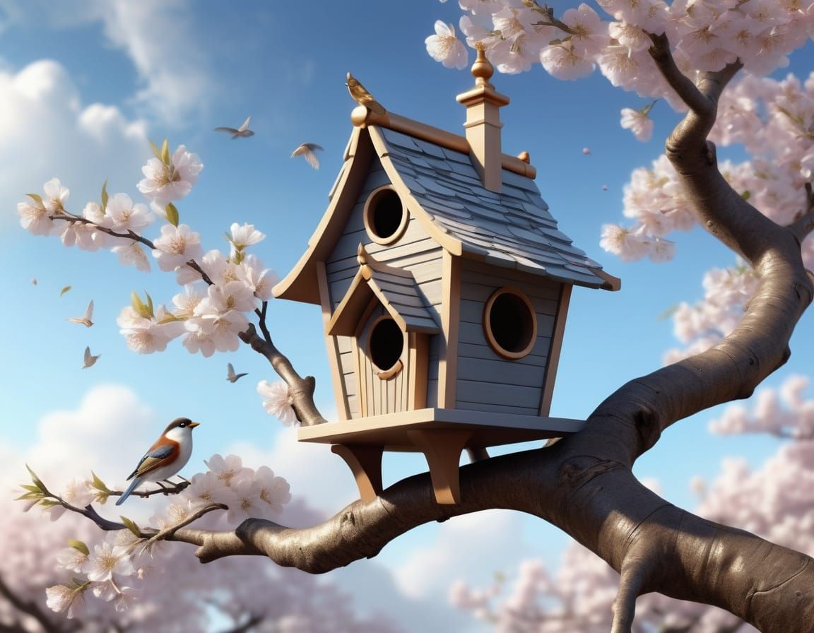 Bird and Birdhouse Village in Elegant Fantasy Style