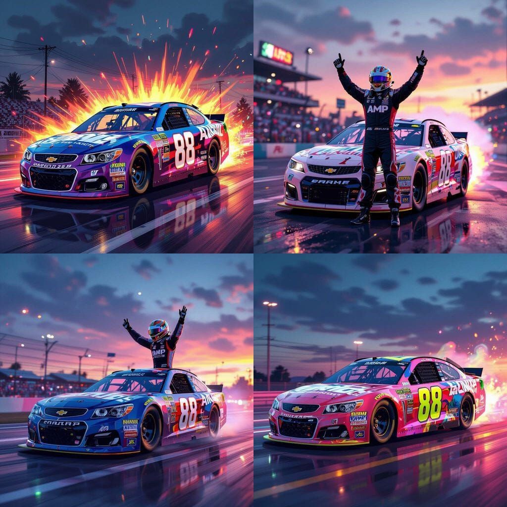 Dale Earnhardt Jr Celebrates Victory in 88 AMP Car