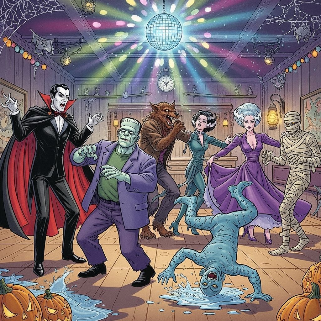 Monsters Dance Party In Vibrant Comic Book Art Style