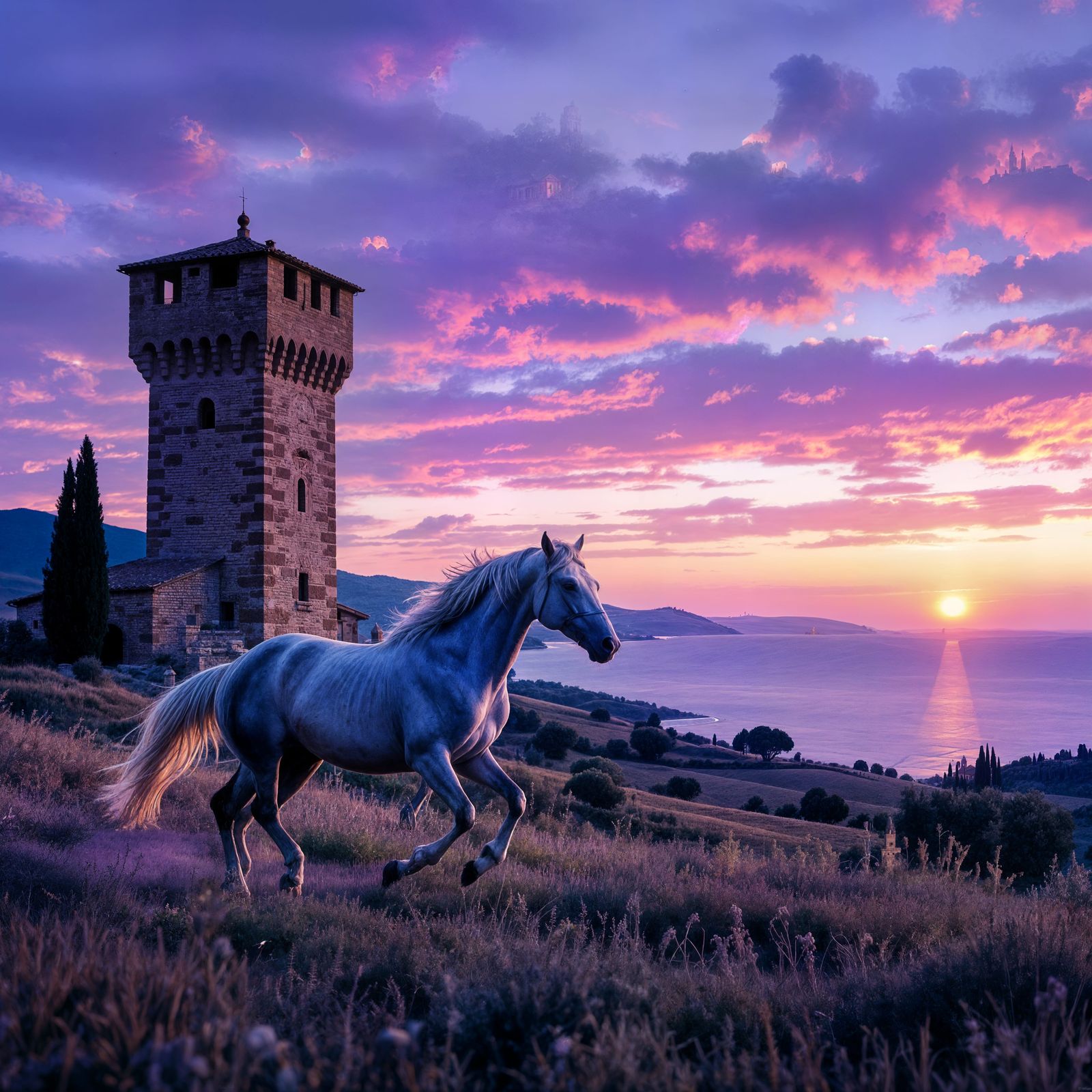 Tuscan Sunset: Tower, Sea, and Running Horse