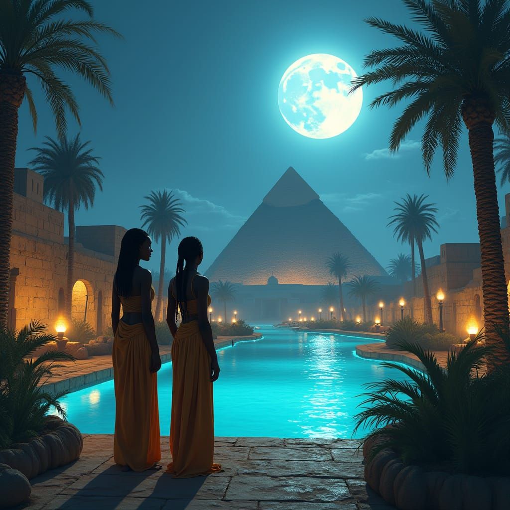 Egyptian Cityscape with Women by Electric Blue Pool