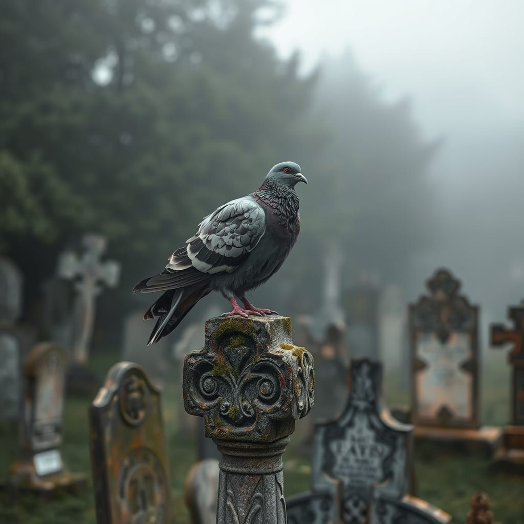 Pigeon on Cross Statue in Misty Cemetery