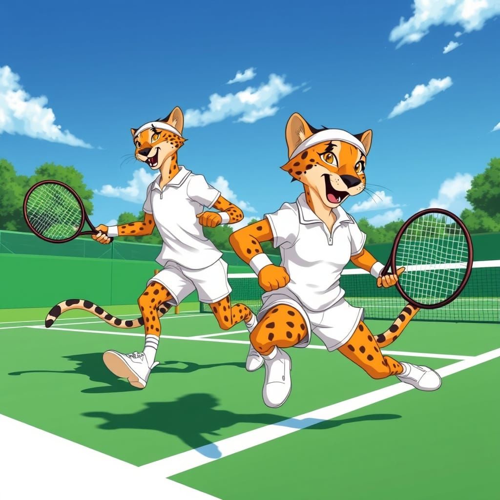 Cheetah Tennis Players in Whimsical Anime Style