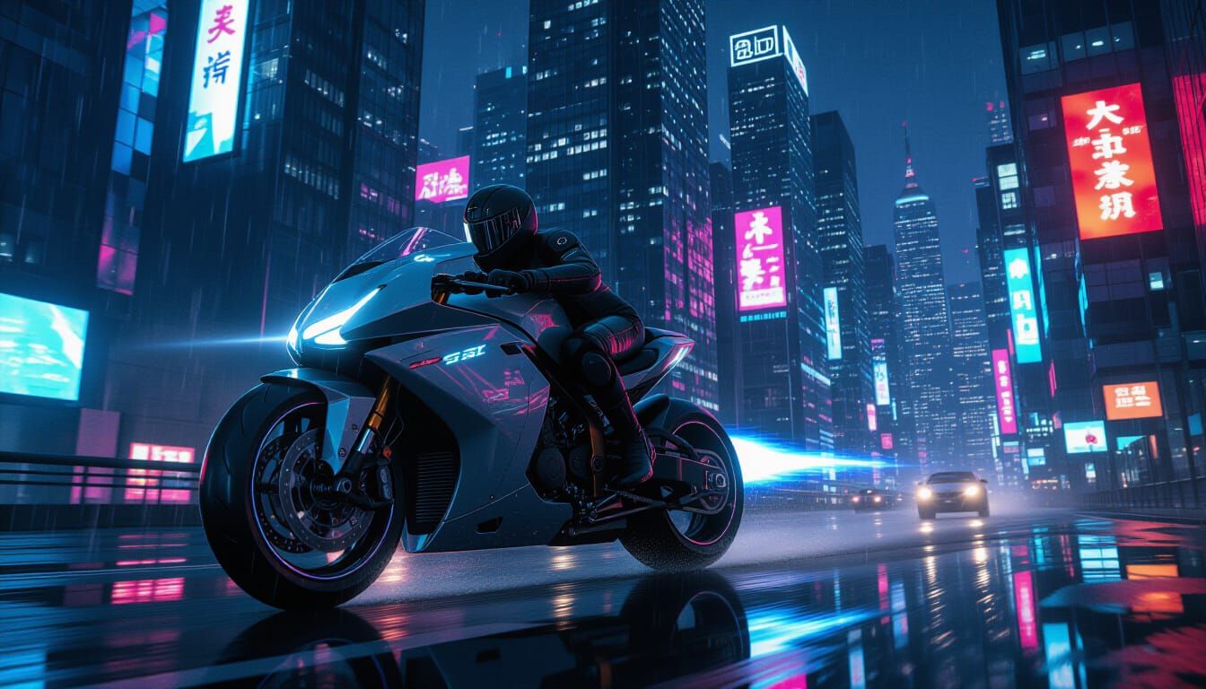 Cyberpunk Motorcycle Speeds Through Neon Cityscape