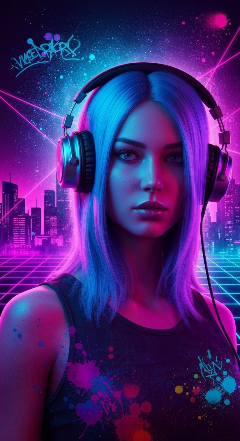 Electric Blue Haired Woman with Headphones in Neon City