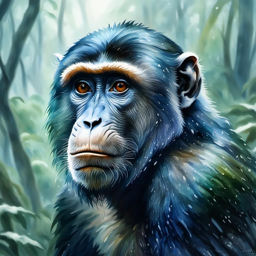 Monkey Portrait in Rainforest, Watercolor Style
