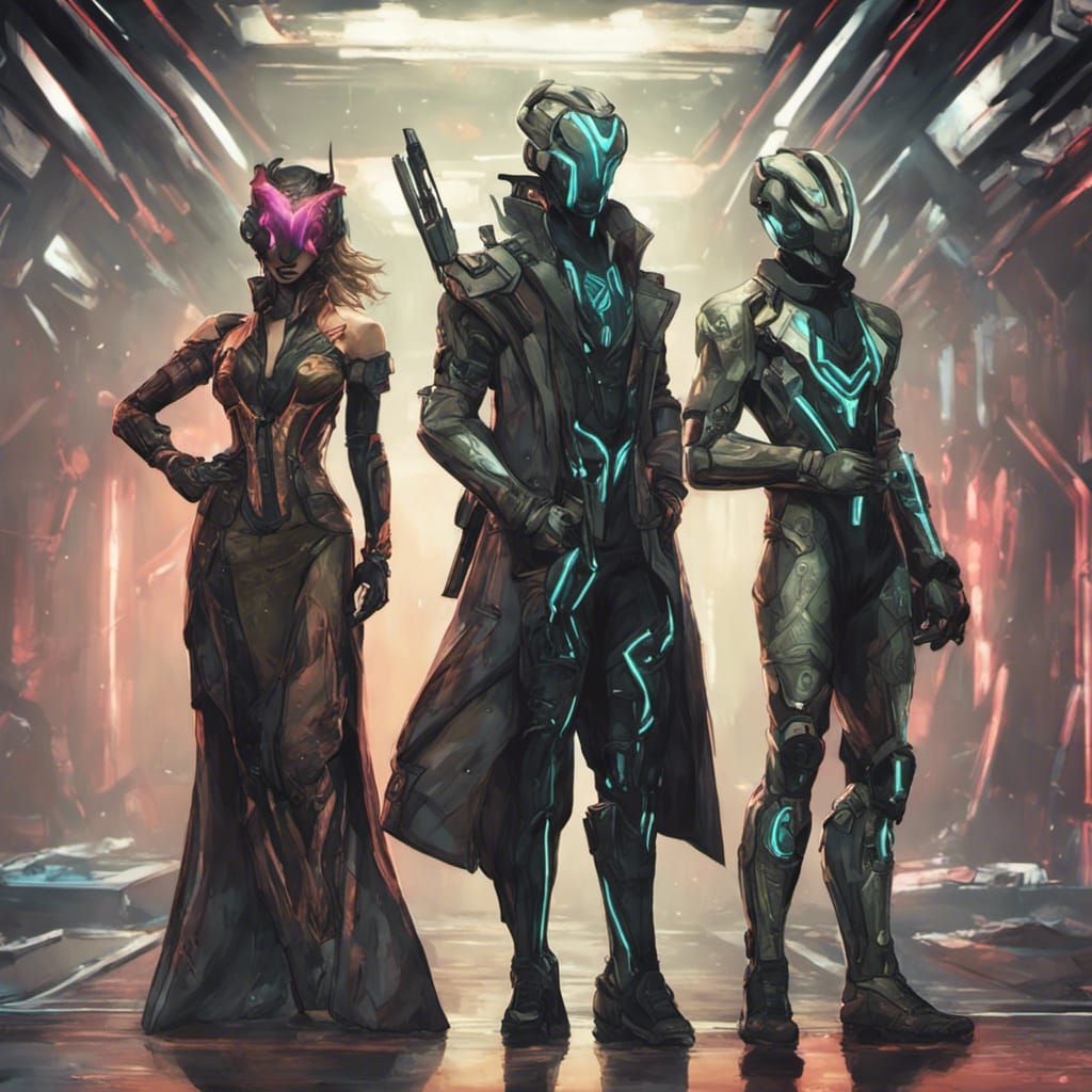 Warframe Operator in Cyberpunk Cityscape