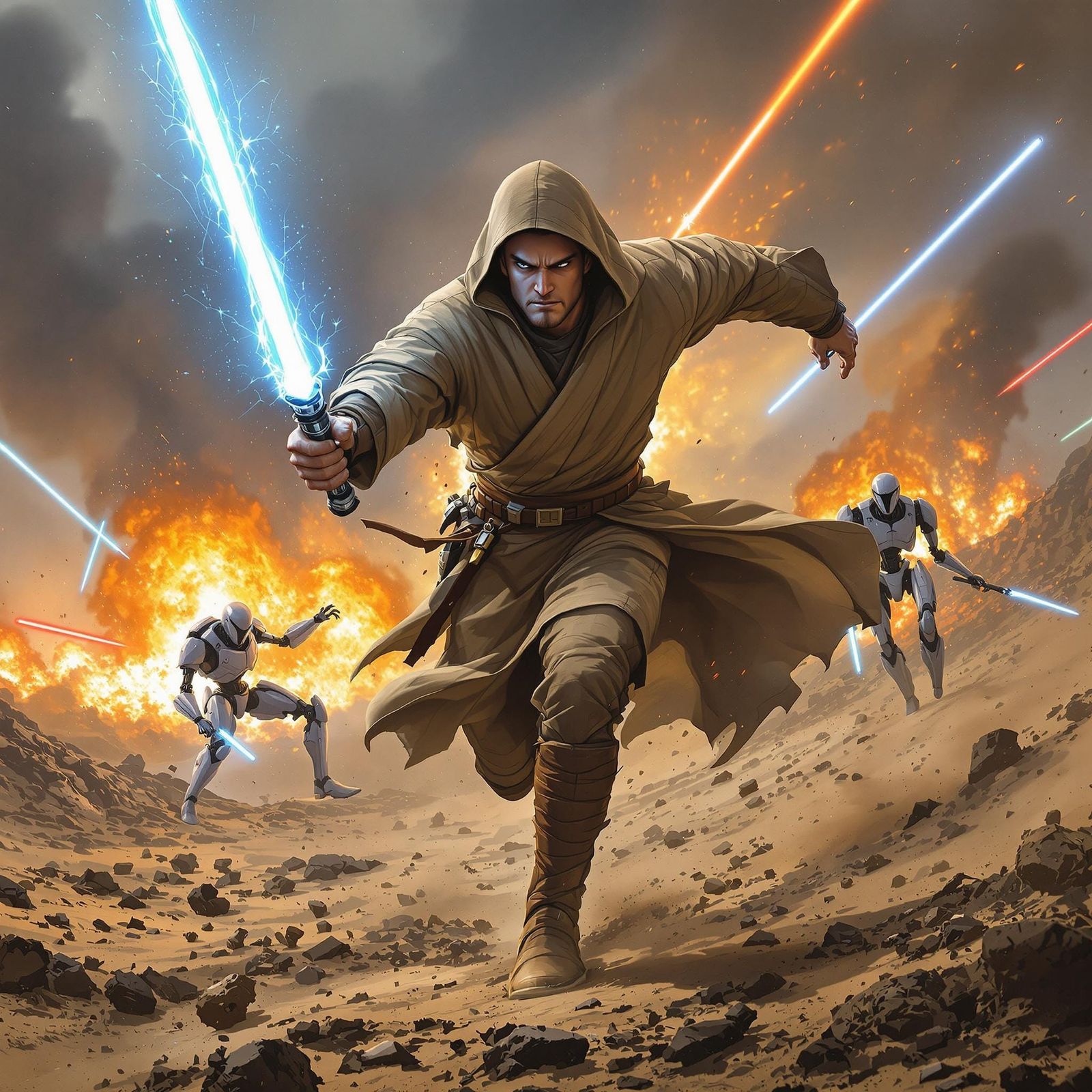 Cyberpunk Jedi Warrior Runs Through Dystopian Battlefield