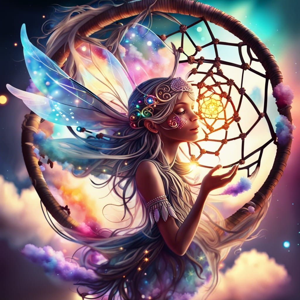 Flying Fairy with Dreamcatcher in Cosmic Sky