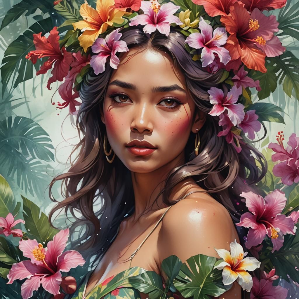 Hawaiian Goddess Portrait in Watercolor Style