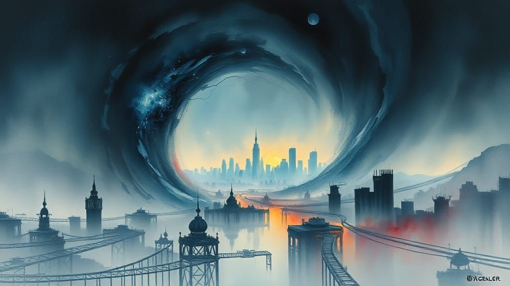 Dystopian Cityscape Unravels: Surreal Watercolor Art