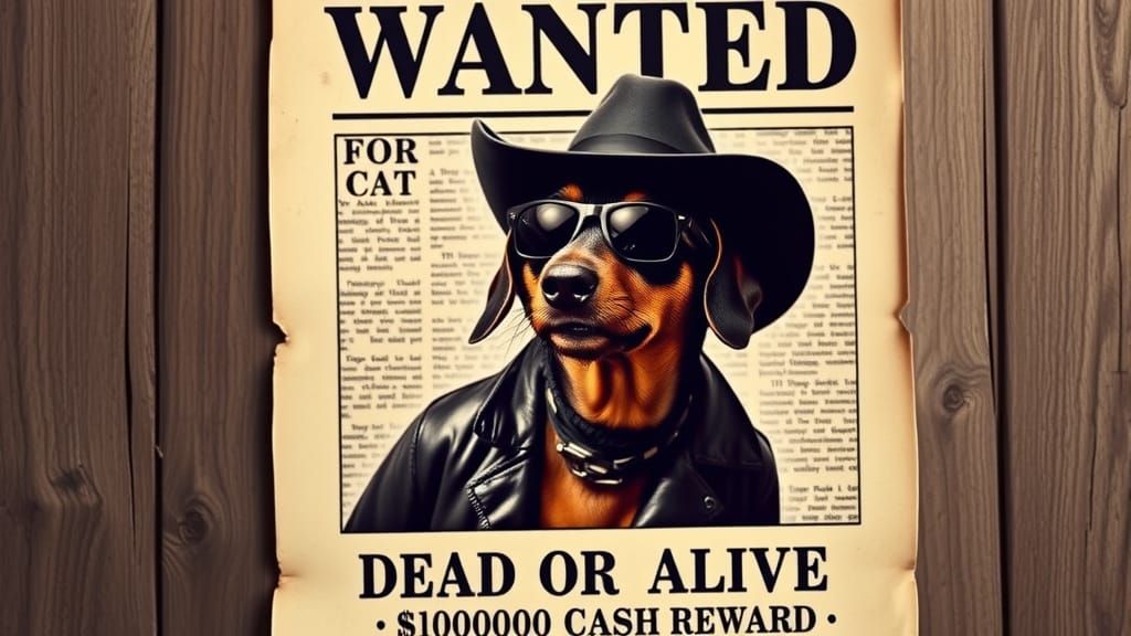 Wanted Poster Dachshund Escaping BOLO in Sepia Tone