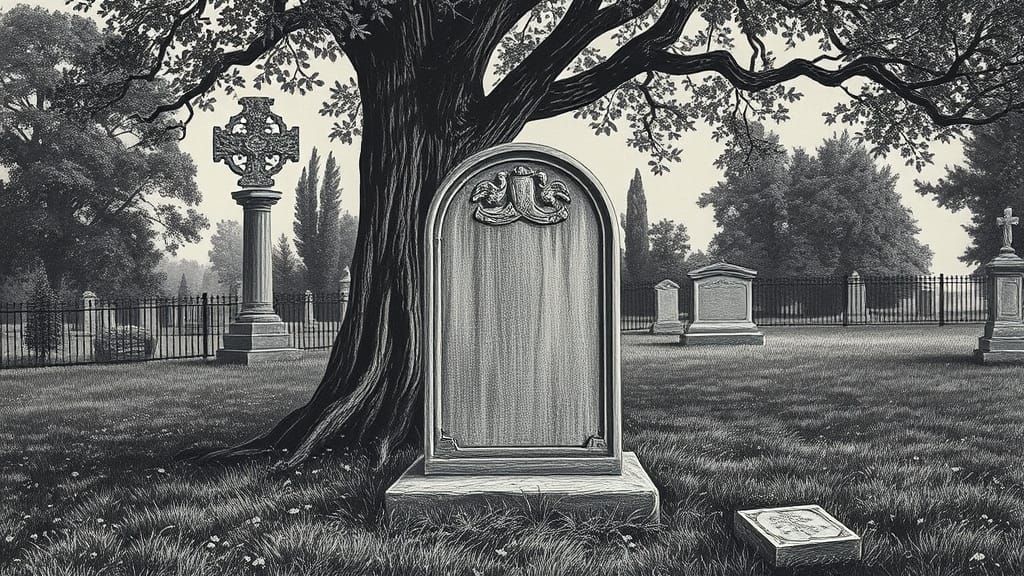 An old fashioned chalk drawing of the back of a tombstone under a tree in a graveyard