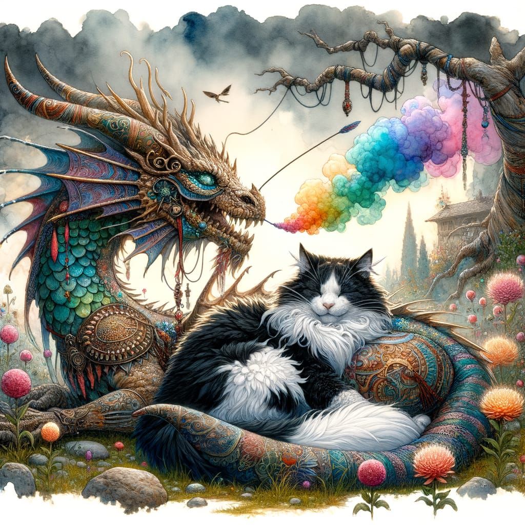Whimsical Fantasy Scene of a Dragon and Cat in Watercolor St...