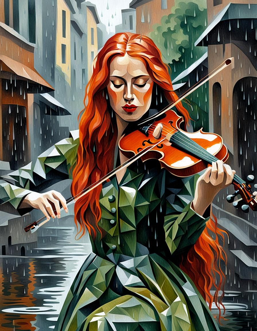 Cubist Woman Playing Violin in Rainy Scene