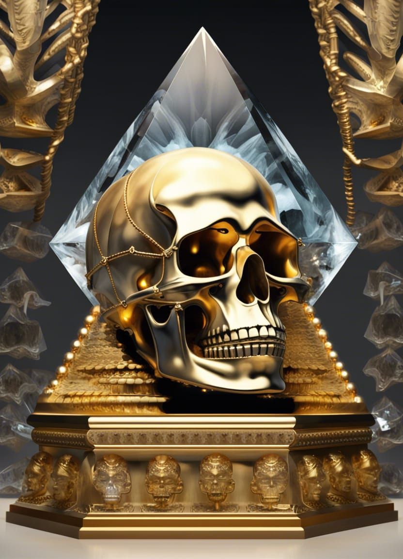 Crystal Skull with Gold Grill on Pyramid Altar