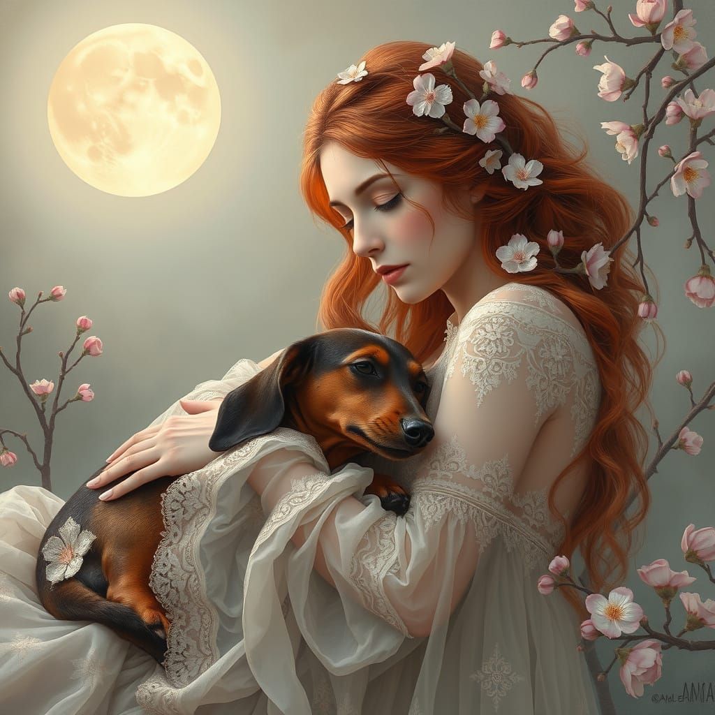 Dreamlike Woman with Dachshund in Digital Painting Style