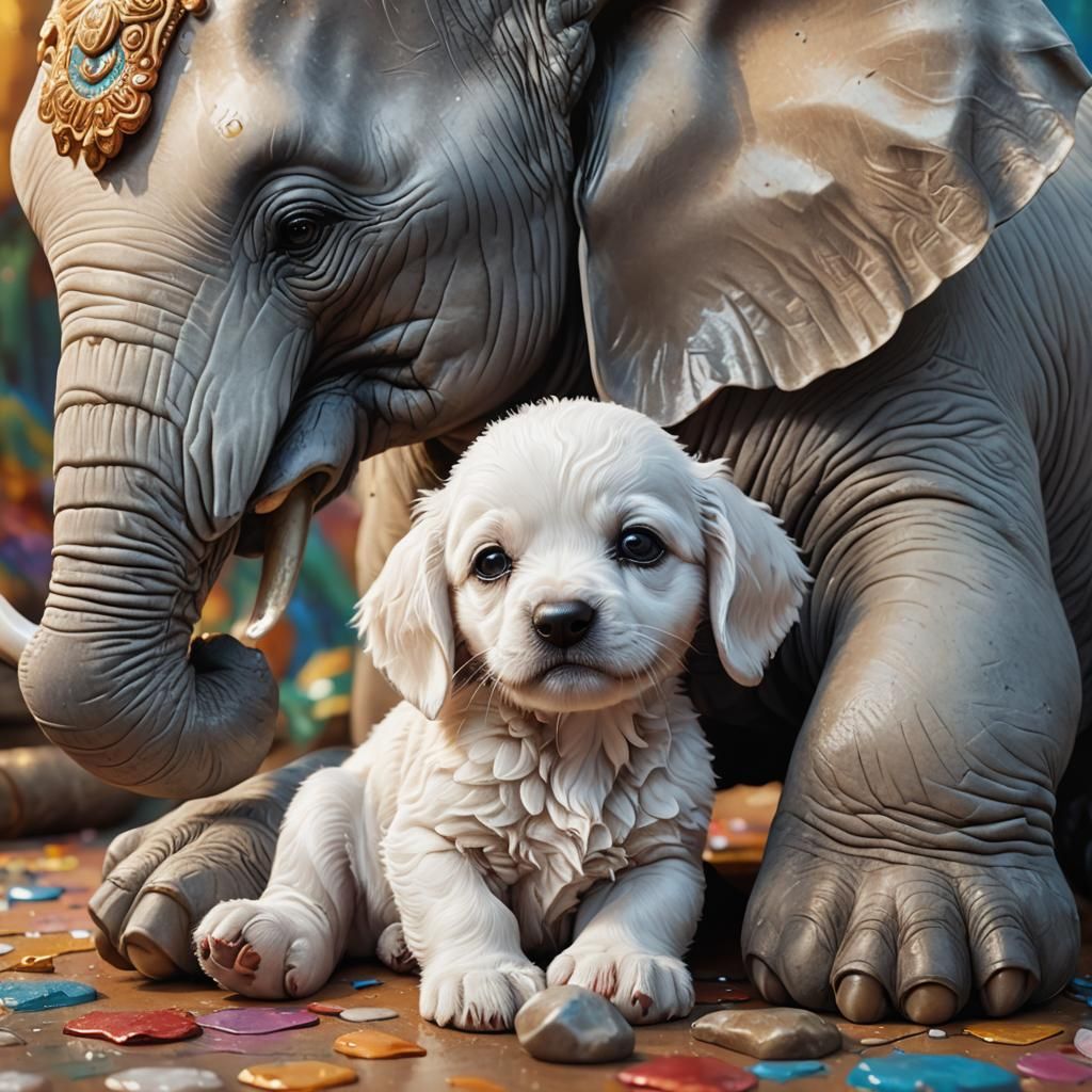 Puppy and Elephant Cuddle: Hyperrealistic Splash Art