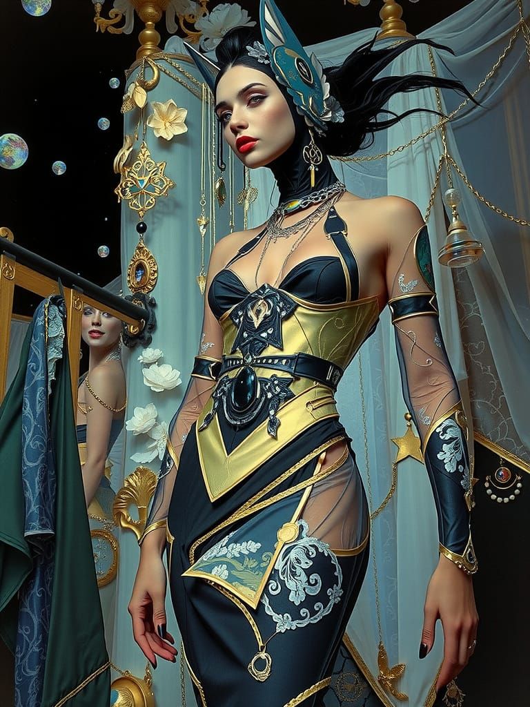 Mysterious Woman in Black Catsuit Against Dreamy Background