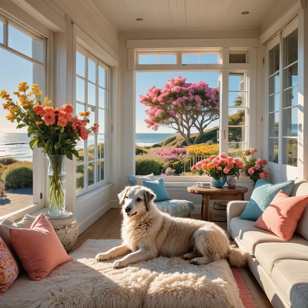 Beach House View with Puppy, Impressionistic Style