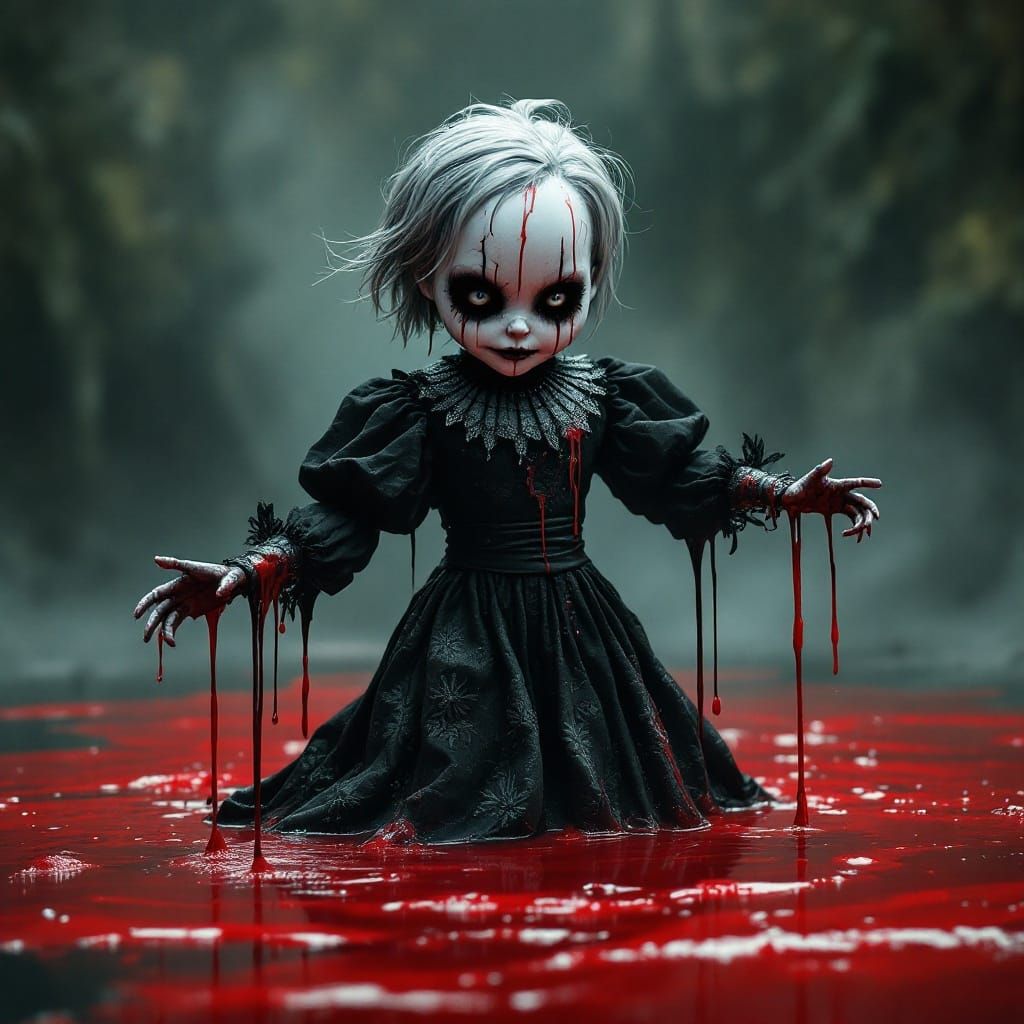 Eerie Monster Doll Dancing in a Red Puddle