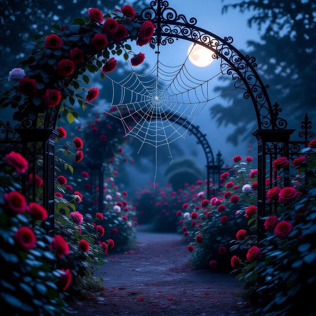 Gothic Rose Garden at Twilight with Ethereal Fog