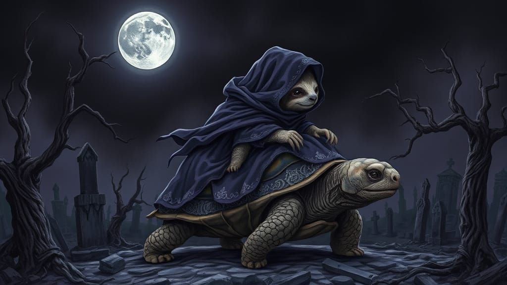 Dark Fantasy Sloth and Tortoise in Ruined Graveyard