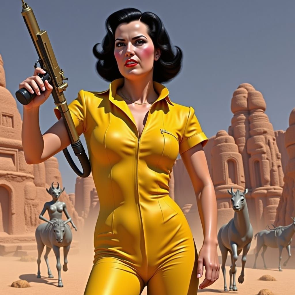 Retro Pulp Cover: Woman with Ray Gun in Alien Desert