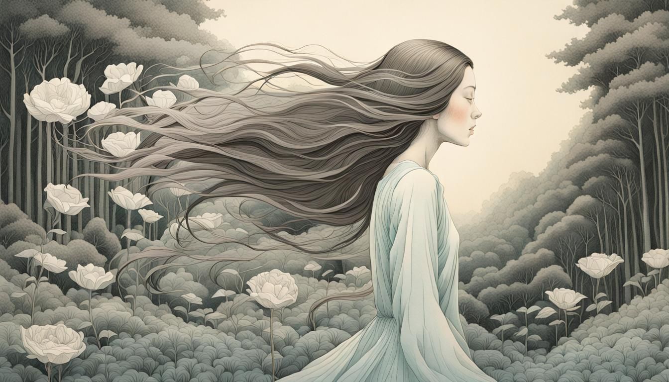 Woman with Flower in Etched Forest Scene