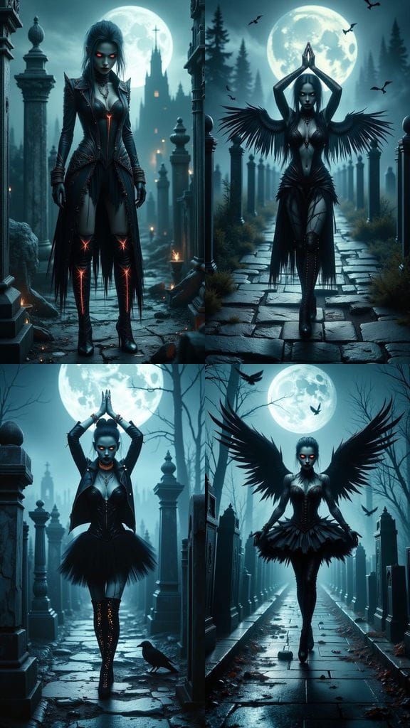 A Goth Biker Ballerina Demoness with outspread wings, balancing on her toes, dancing on your grave