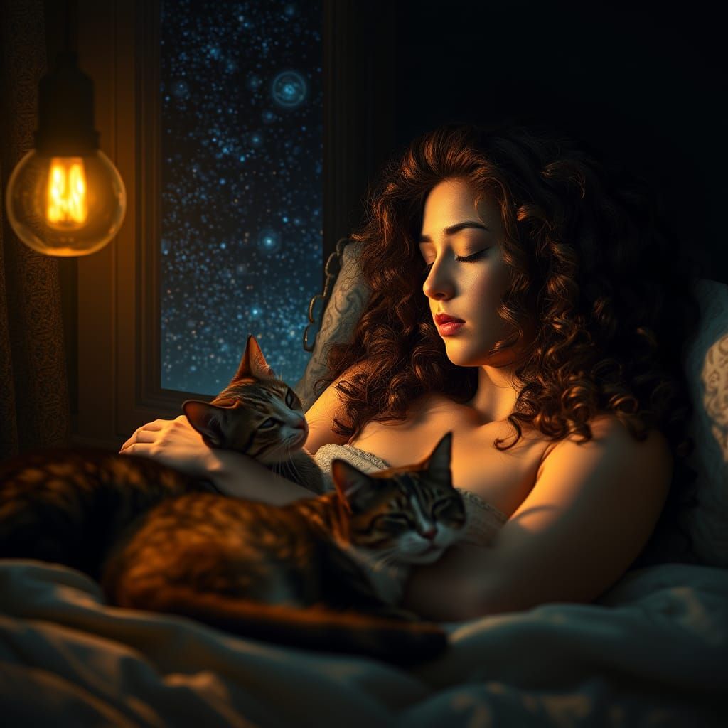 Dreamy Klimt Portrait: Woman and Cats in Bed