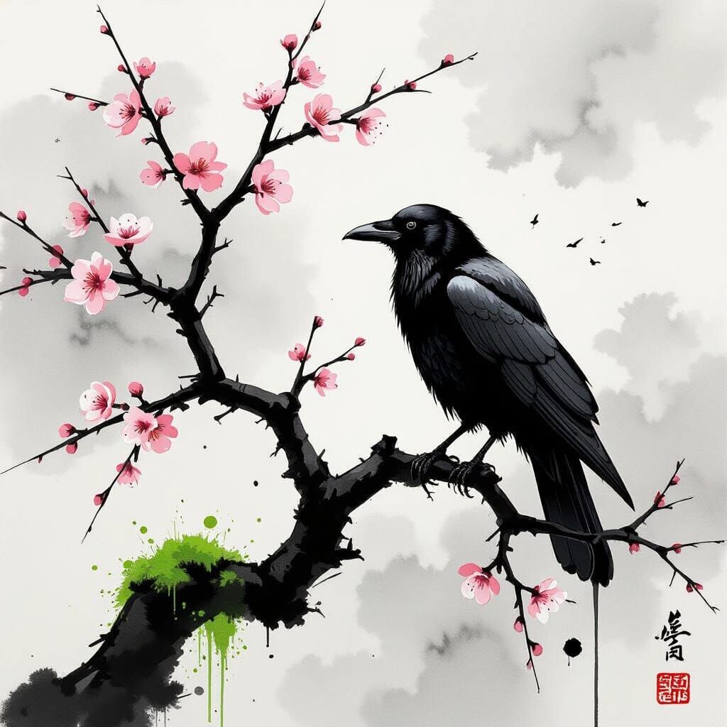 Raven on Sakura Tree in Greyscale Ink Style