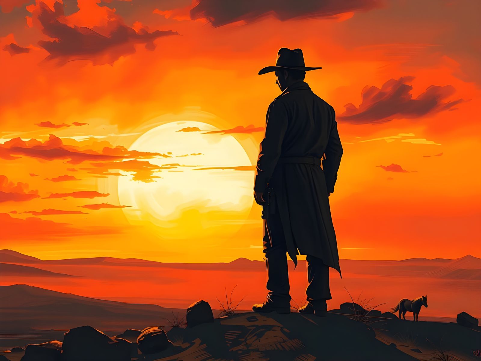 Lone Cowboy at Sunset in Impasto Style