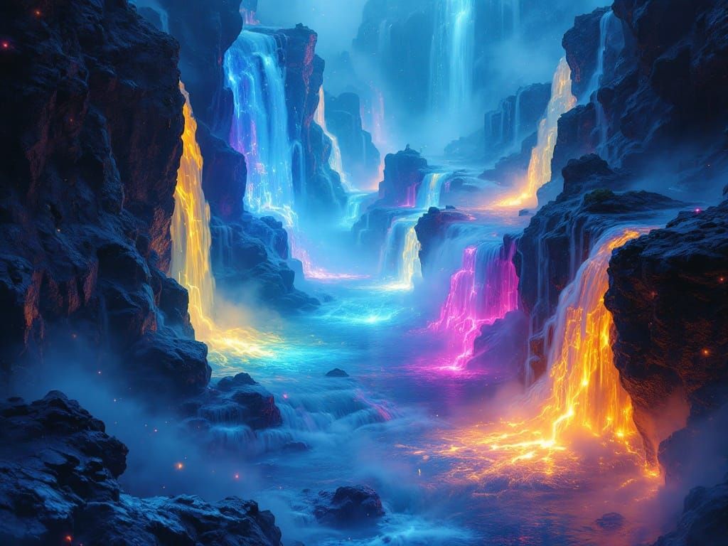 Surreal Waterfalls of the Mind in Neon Hues