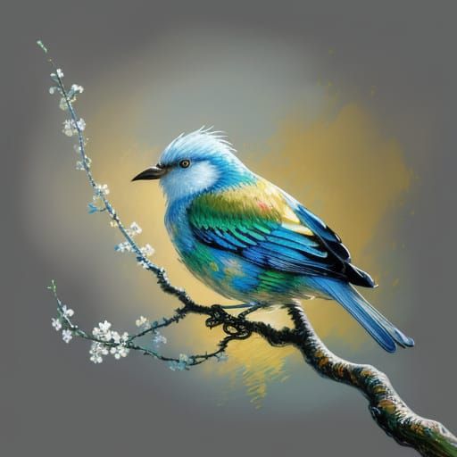 Silver Bird on Branch in Neo-Impressionist Style