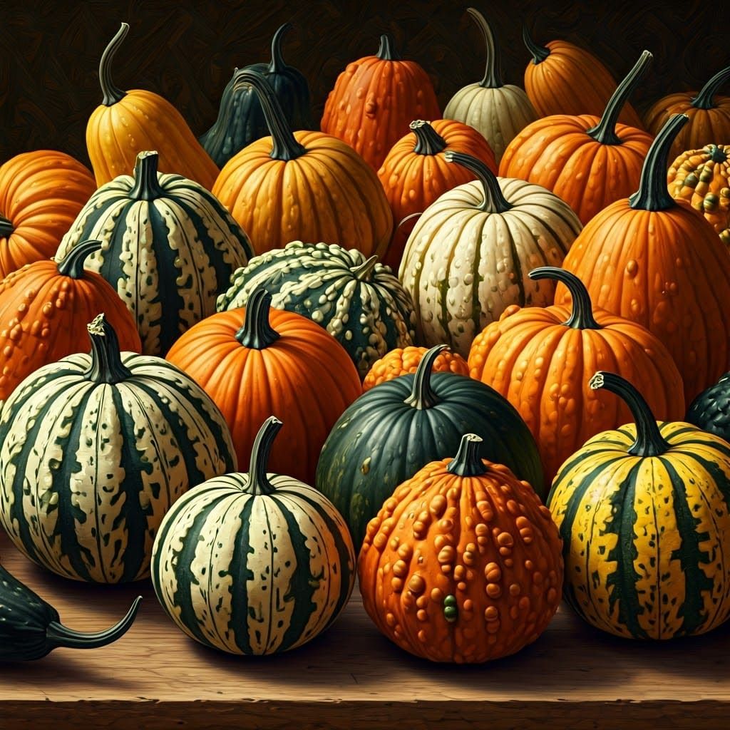 Assorted Gourds Displayed as Splash Art Oil Painting